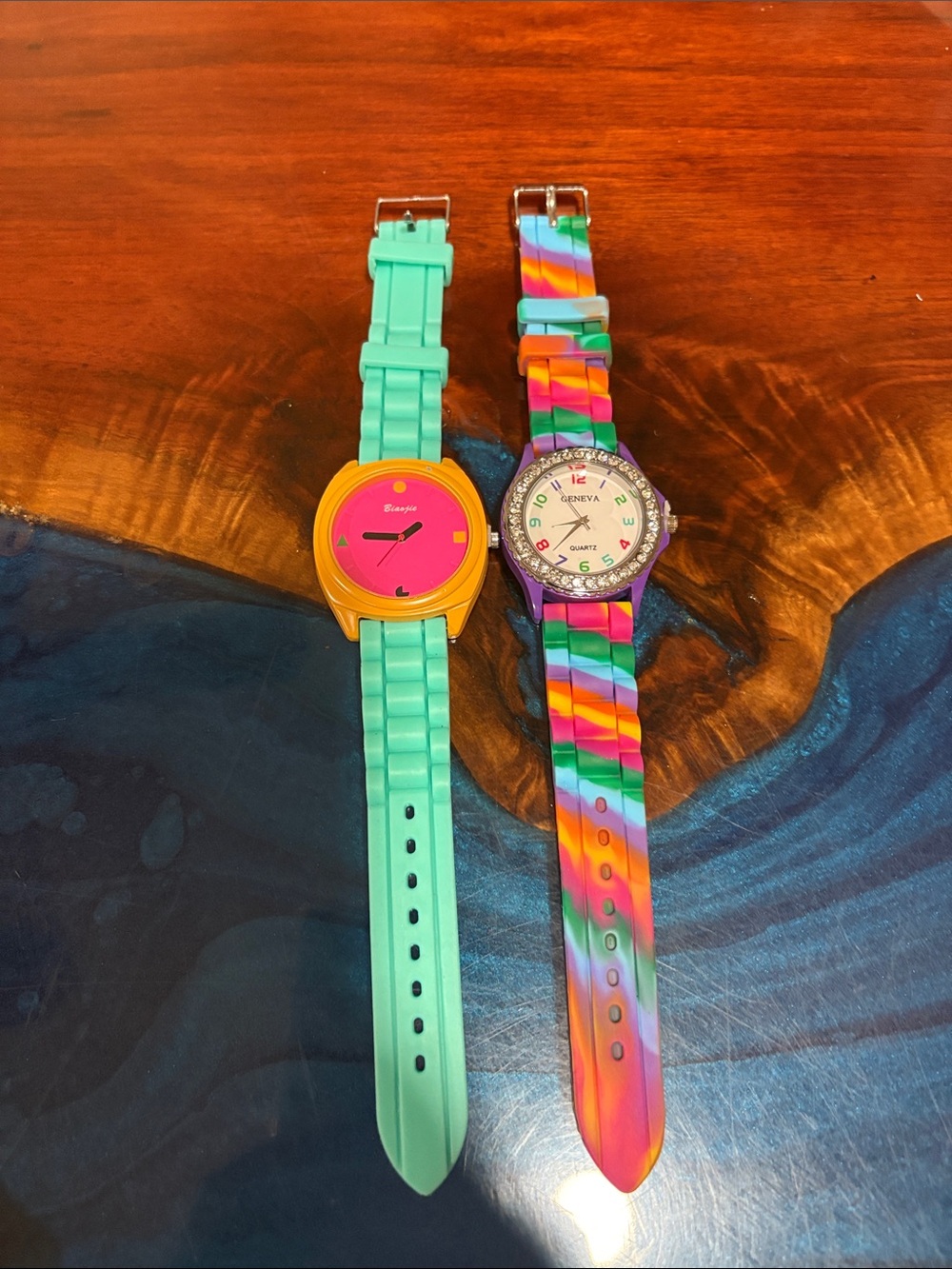 Teal & Rainbow Strap Watch with Mint and Pink Accents